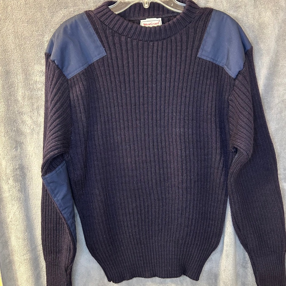 VTG Military Wool Commando Sweater Mens L Navy Blue Ribbed Patch Shoulder Elbow